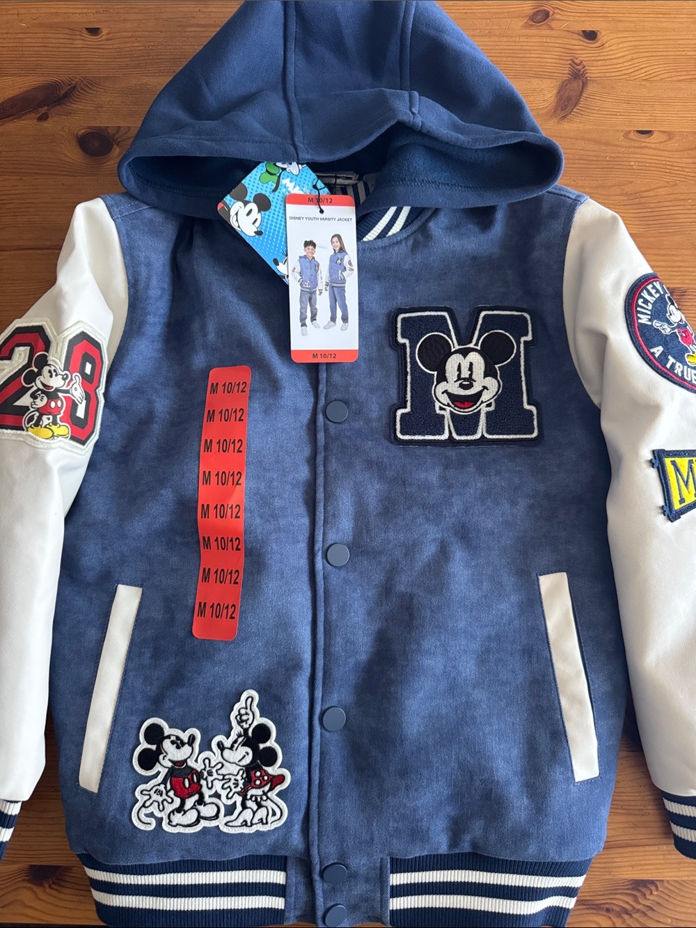 Disney Navy & White Mickey Youth Varsity Hooded Jacket with Embroidery Patches